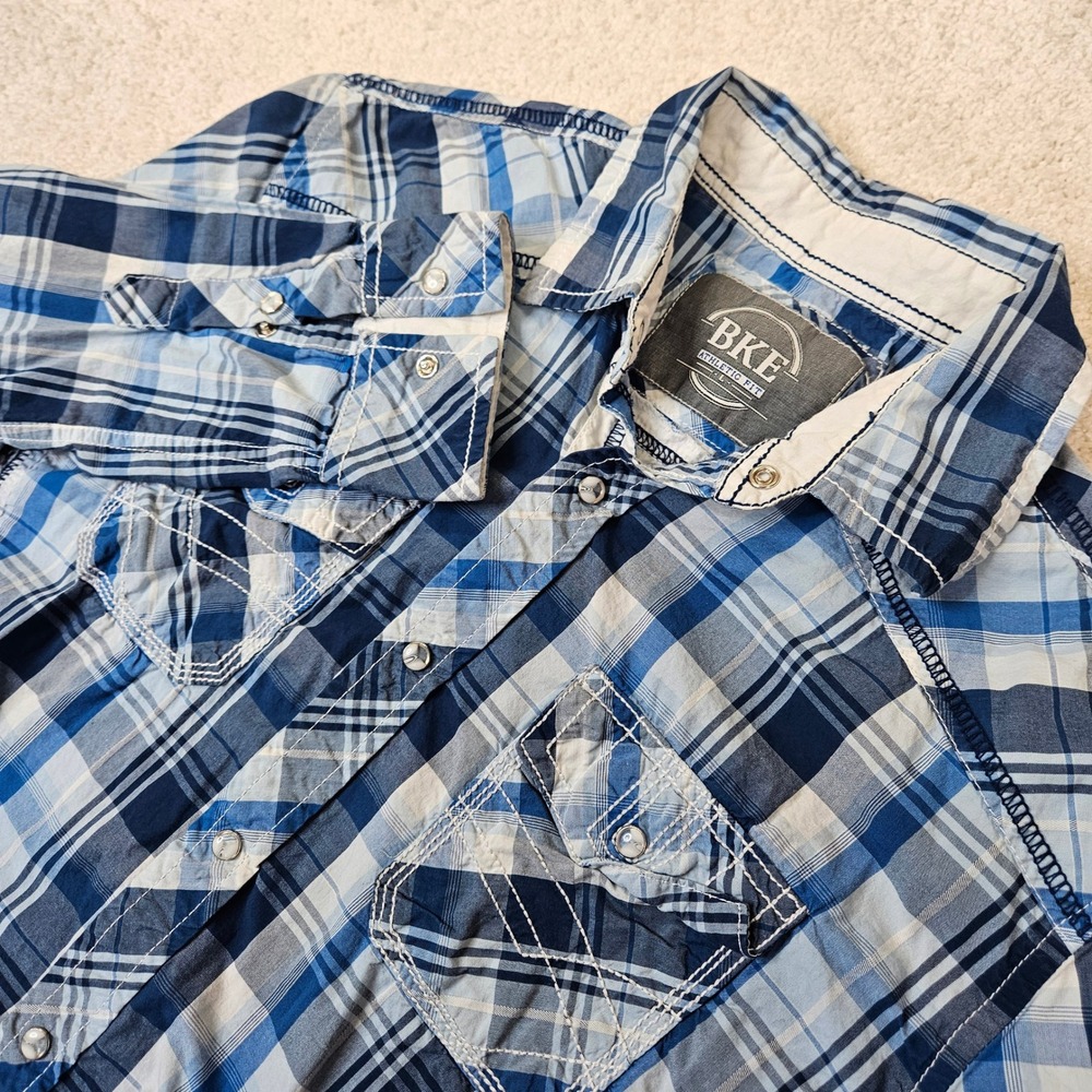 BKE Men's‎ Plaid Long Sleeve Pearl Snap Shirt Sz L Blue White Gray Western Rodeo